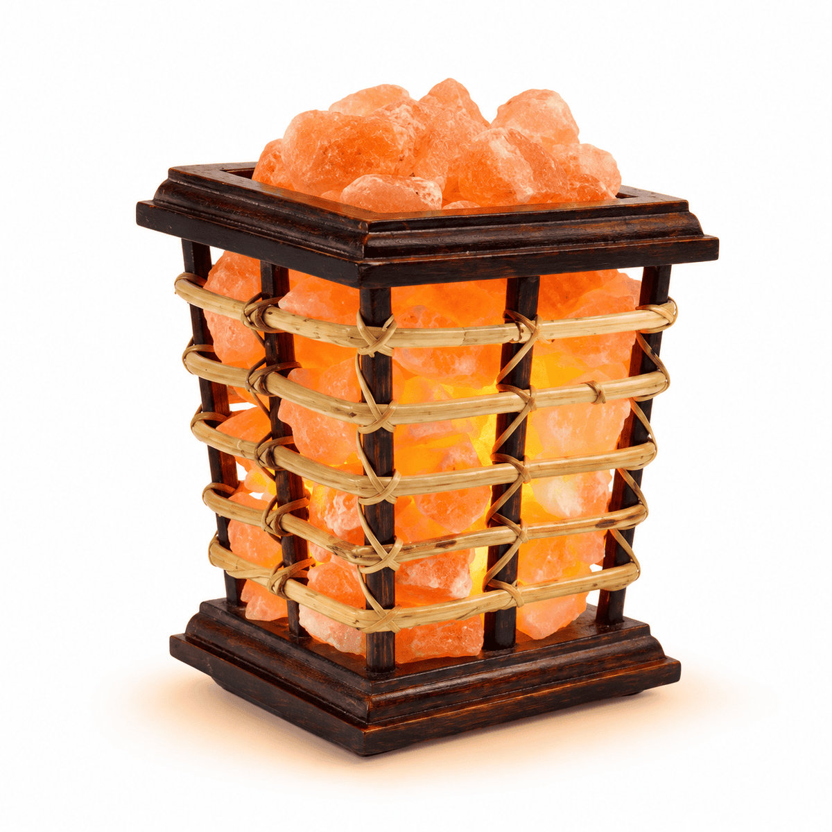Cane Wood Basket Himalayan Salt Lamp – studio product photo on a plain white background