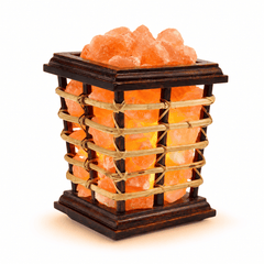 Cane Wood Basket Himalayan Salt Lamp – studio product photo on a plain white background