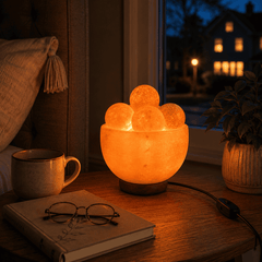 Fire Bowl Himalayan Salt Lamp with Massage Balls – styled in a home lifestyle setting, lit at evening