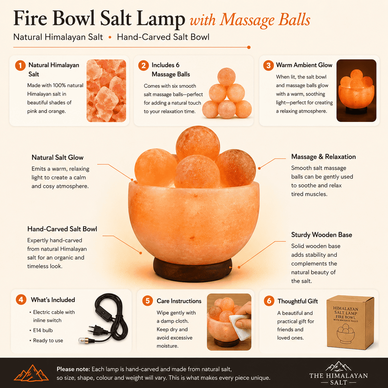 Fire Bowl Himalayan Salt Lamp with Massage Balls – infographic highlighting the product's key features