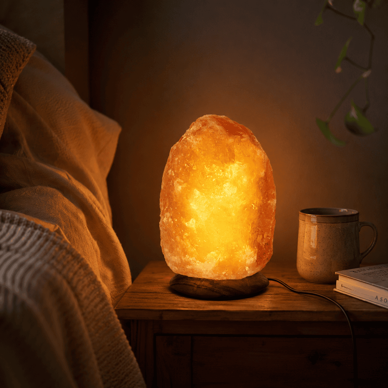 Himalayan Salt Lamp (1.5-2kg) – styled in a home lifestyle setting, lit at evening