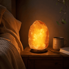 Himalayan Salt Lamp (1.5-2kg) – styled in a home lifestyle setting, lit at evening