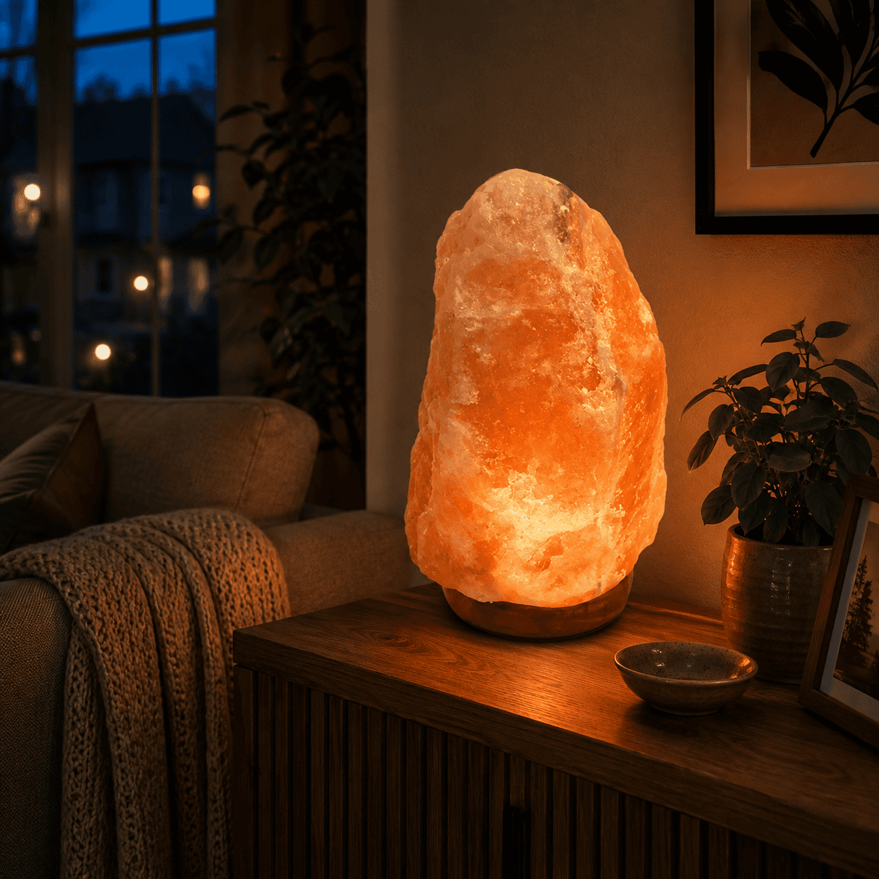 Himalayan Salt Lamp (12-15 kg) – styled in a home lifestyle setting, lit at evening