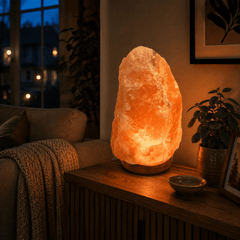 Himalayan Salt Lamp (12-15 kg) – styled in a home lifestyle setting, lit at evening