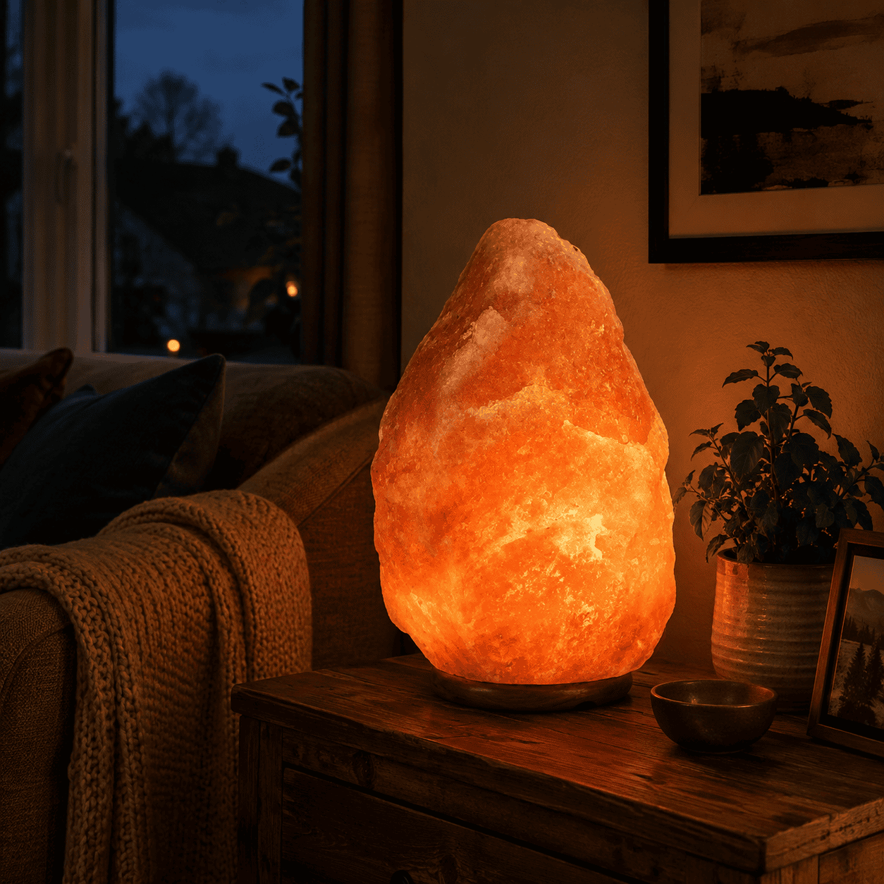 Himalayan Salt Lamp (15-20 kg) – styled in a home lifestyle setting, lit at evening