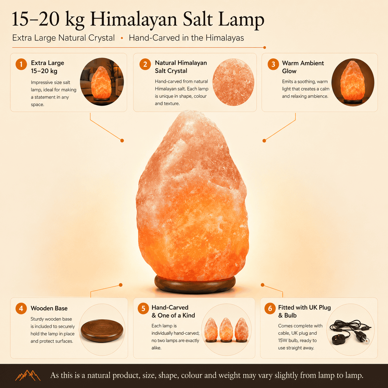 Himalayan Salt Lamp (15-20 kg) – infographic highlighting the product's key features