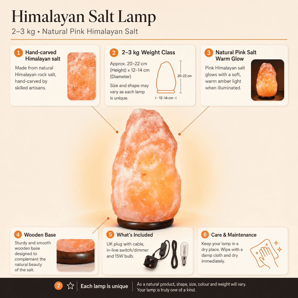 Himalayan Salt Lamp (2-3kg) – infographic highlighting the product's key features