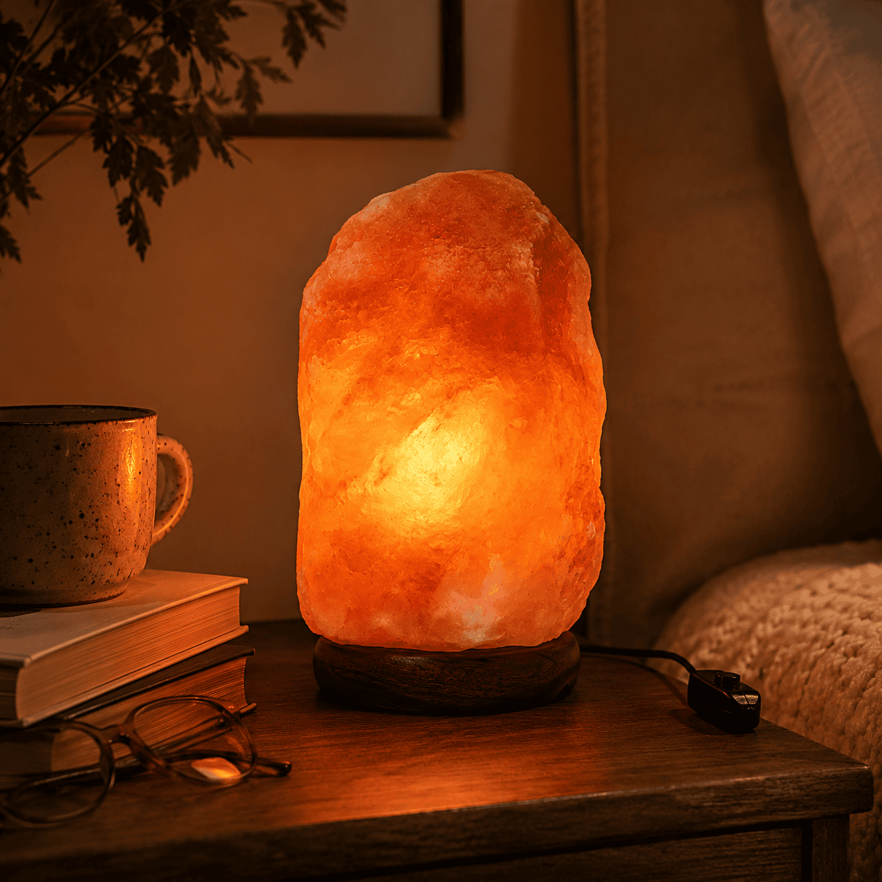 Himalayan Salt Lamp (3-5kg) – styled in a home lifestyle setting, lit at evening