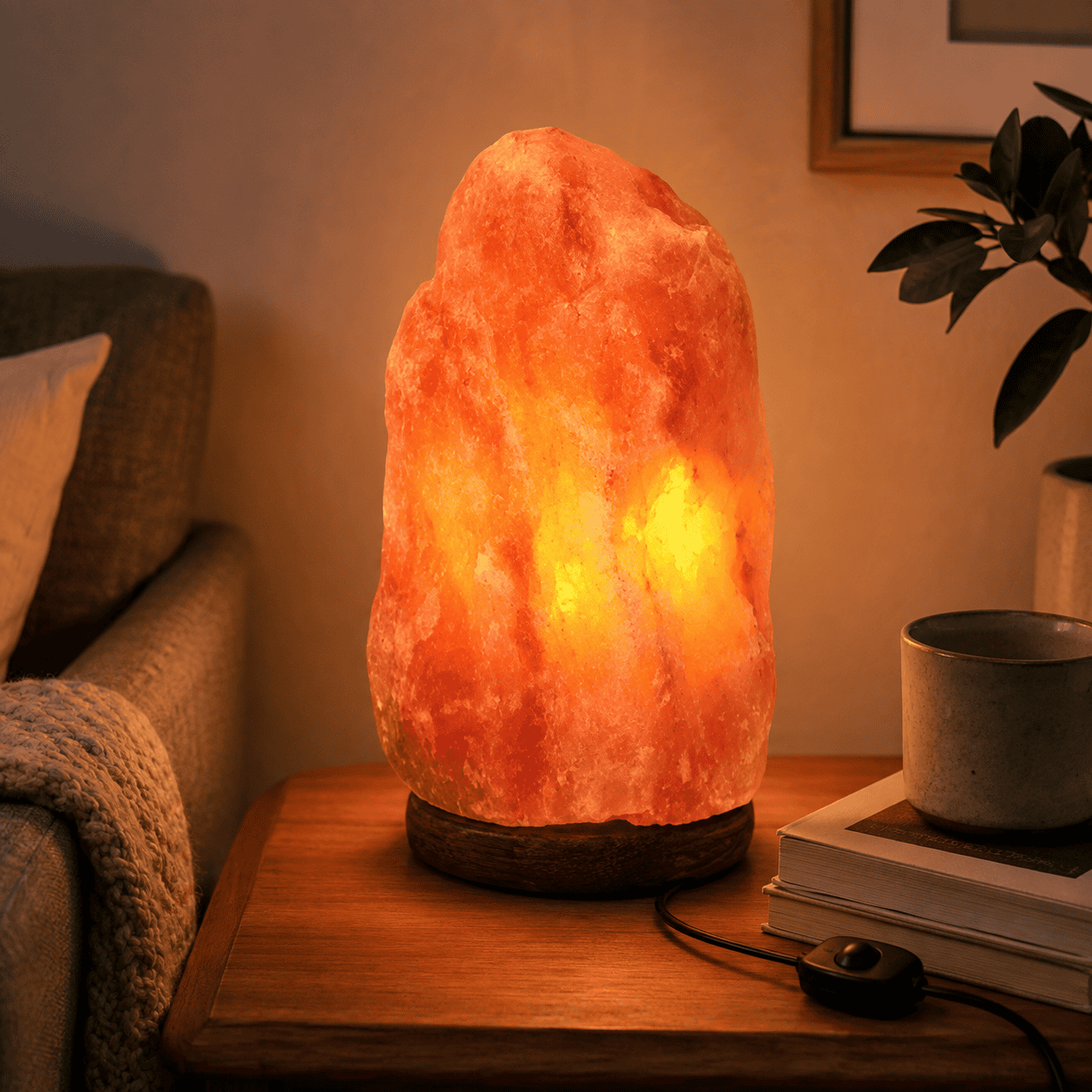 Himalayan Salt Lamp (4-6kg) – styled in a home lifestyle setting, lit at evening