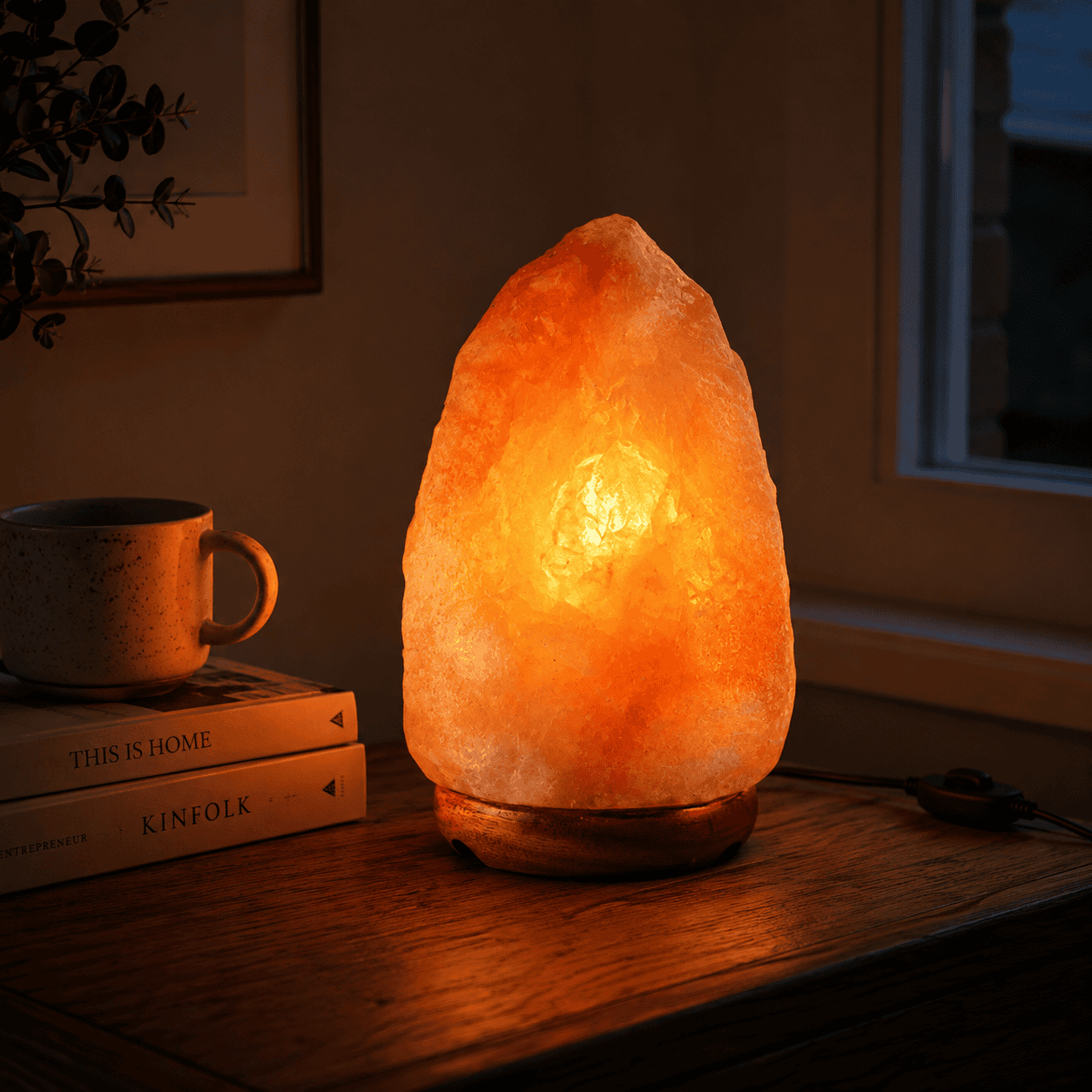 Himalayan Salt Lamp (5-7kg) – styled in a home lifestyle setting, lit at evening