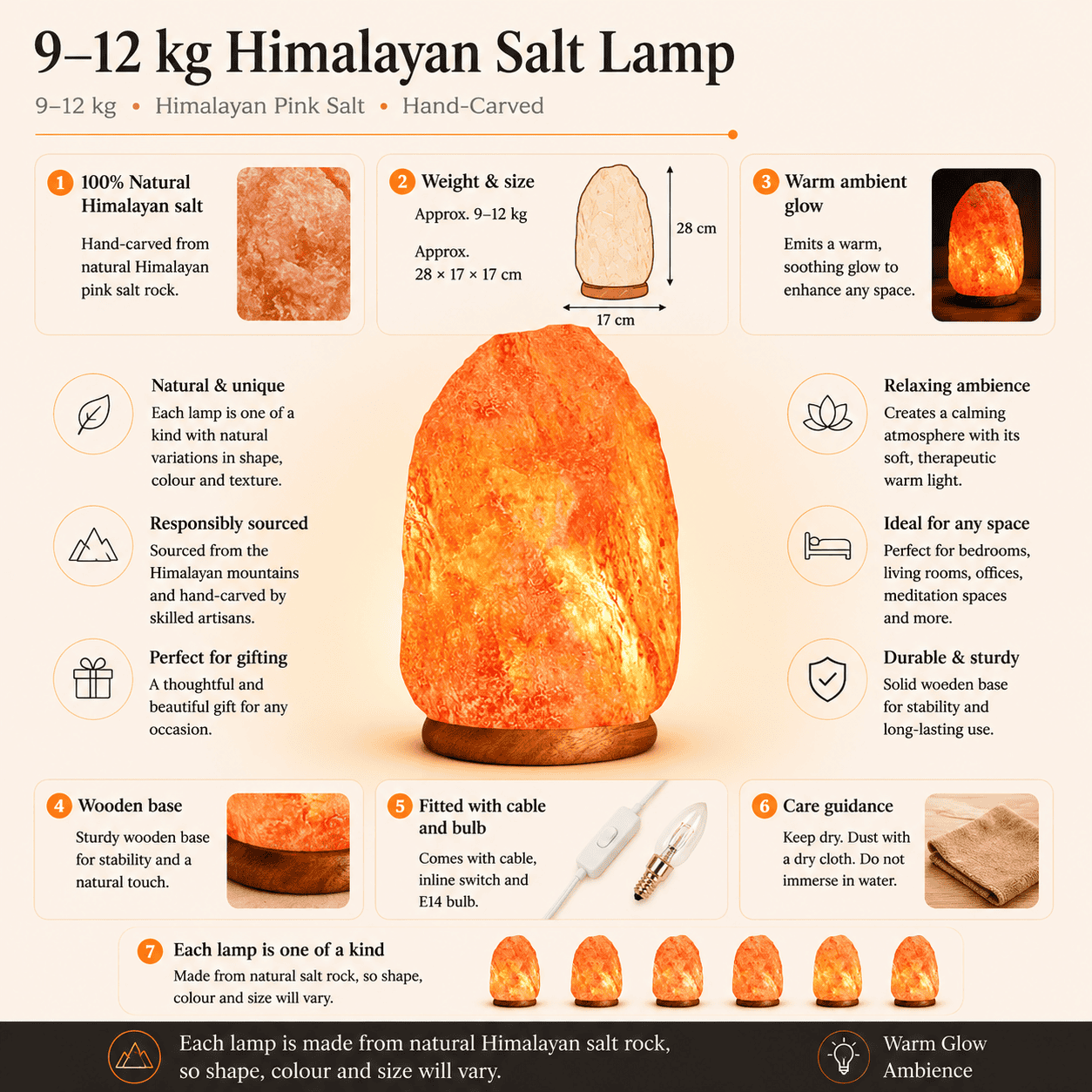 Himalayan Salt Lamp (9-12kg) – infographic highlighting the product's key features