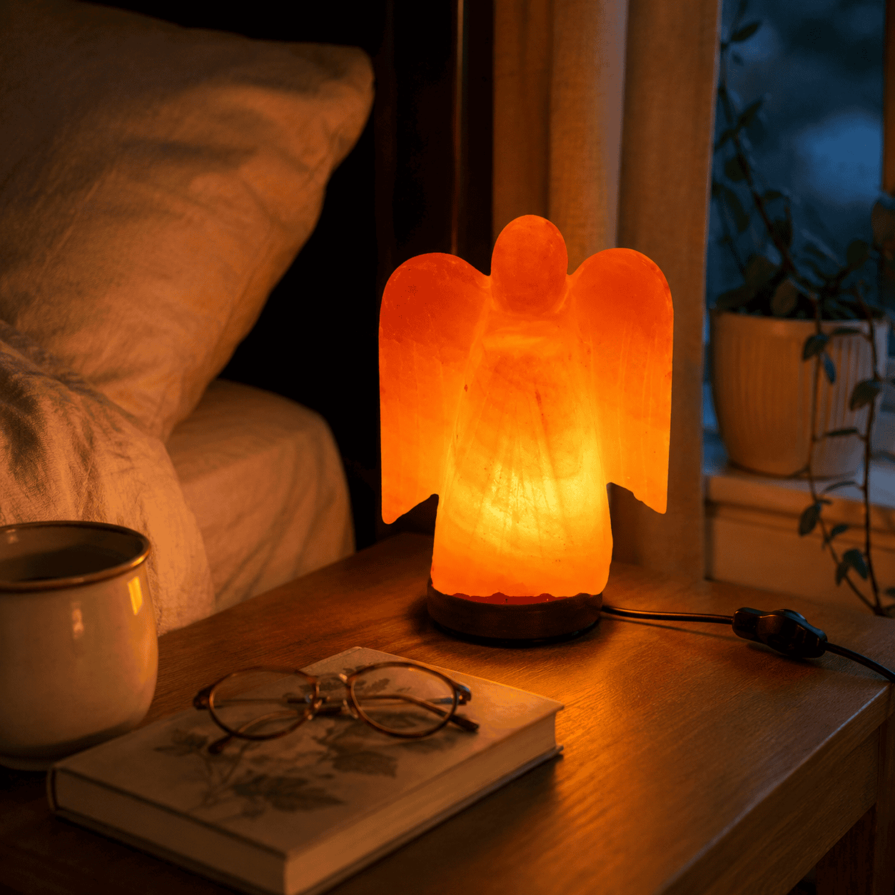 Angel Shape Himalayan Salt Lamp – styled in a home lifestyle setting, lit at evening