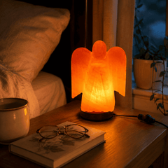 Angel Shape Himalayan Salt Lamp – styled in a home lifestyle setting, lit at evening