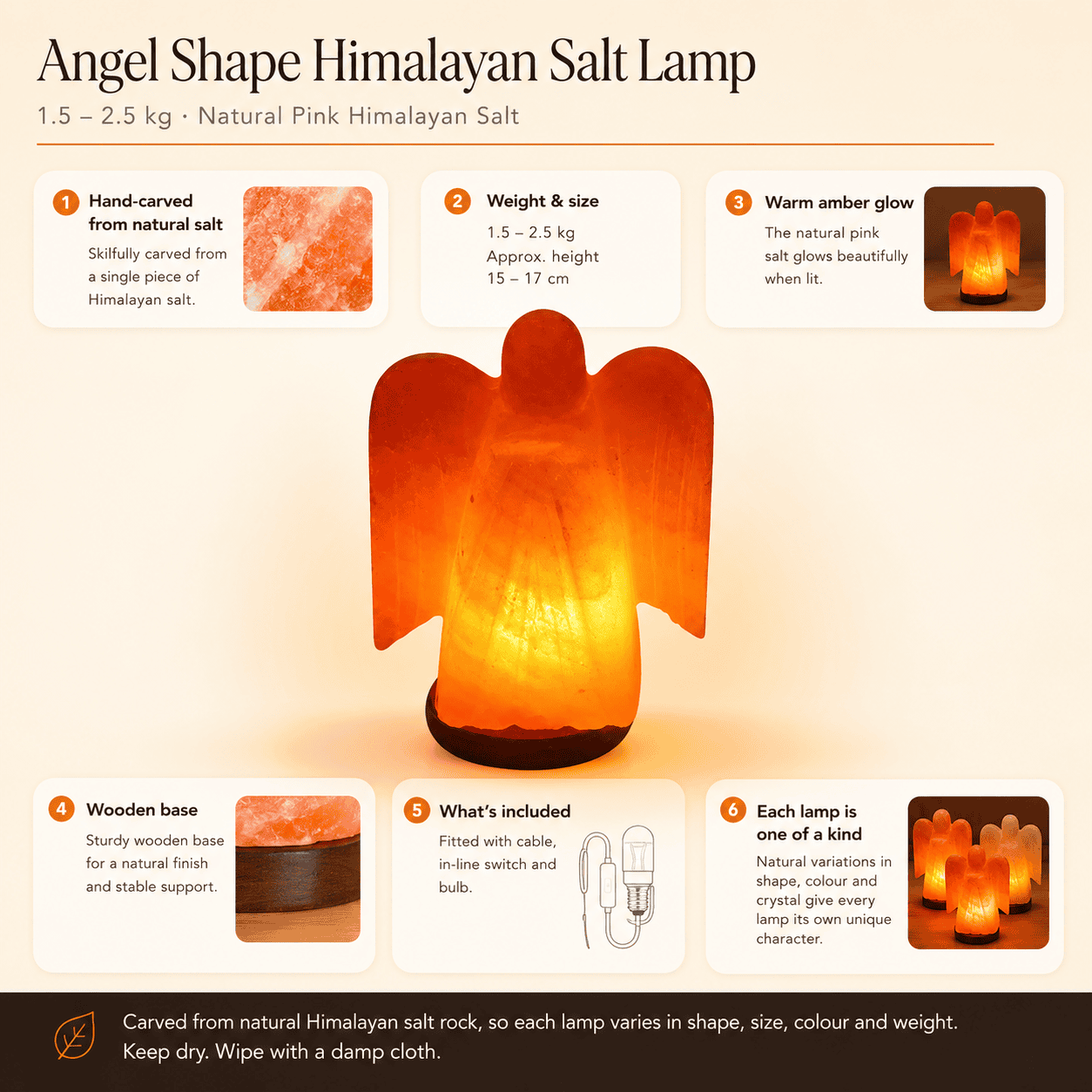 Angel Shape Himalayan Salt Lamp – infographic highlighting the product's key features