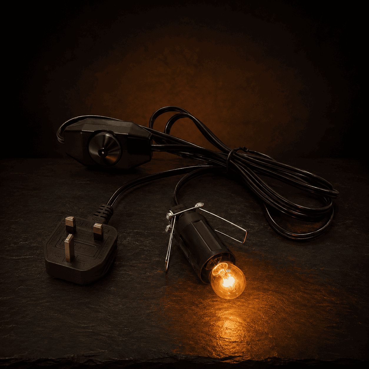 Salt lamp Black Cable with Dimmer – studio photo lit against a dark background