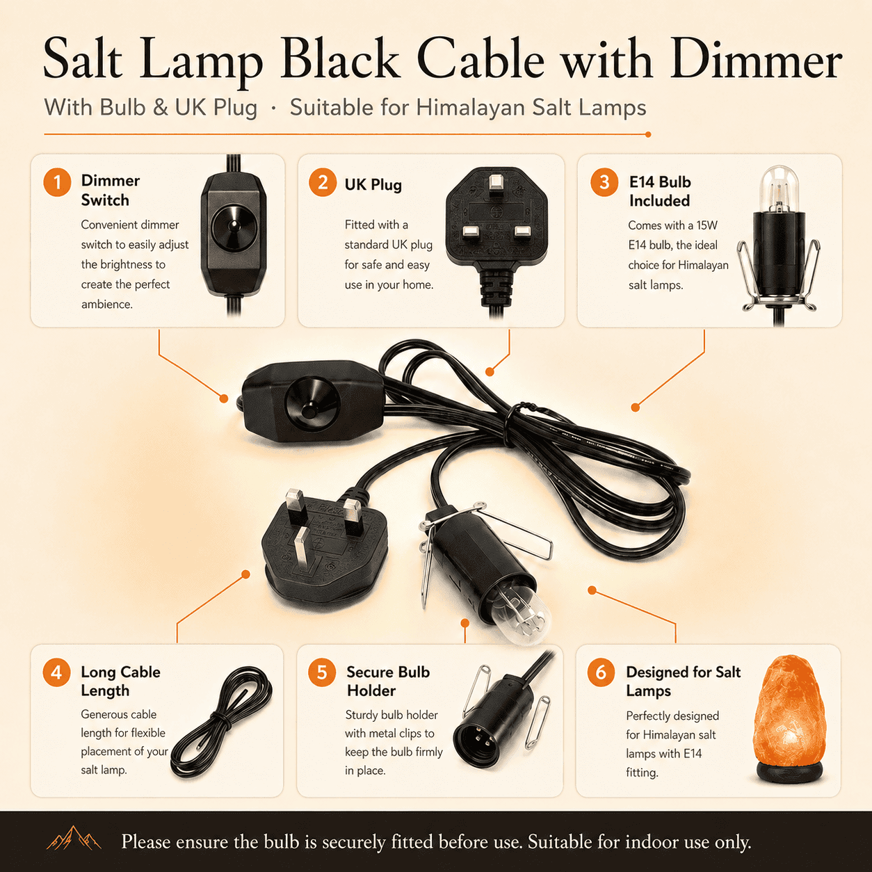 Salt lamp Black Cable with Dimmer – infographic highlighting the product's key features
