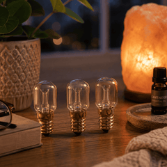Himalayan Salt Lamp Bulbs E14 15W (Pack of 3) – styled in a home lifestyle setting, lit at evening
