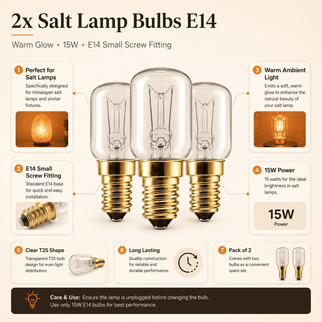 Himalayan Salt Lamp Bulbs E14 15W (Pack of 3) – infographic highlighting the product's key features