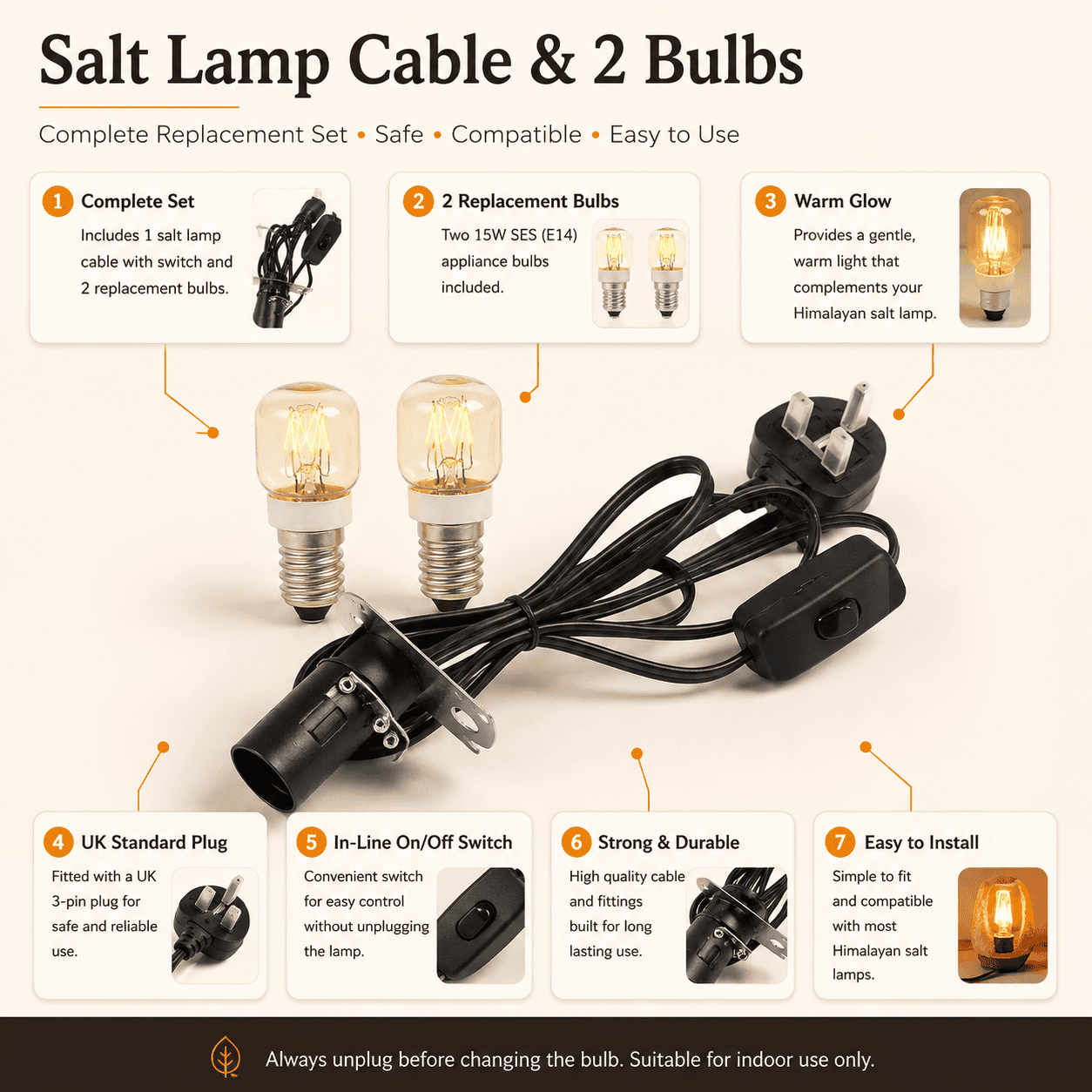 Himalayan Salt Lamp Cable with 2 Bulbs – infographic highlighting the product's key features