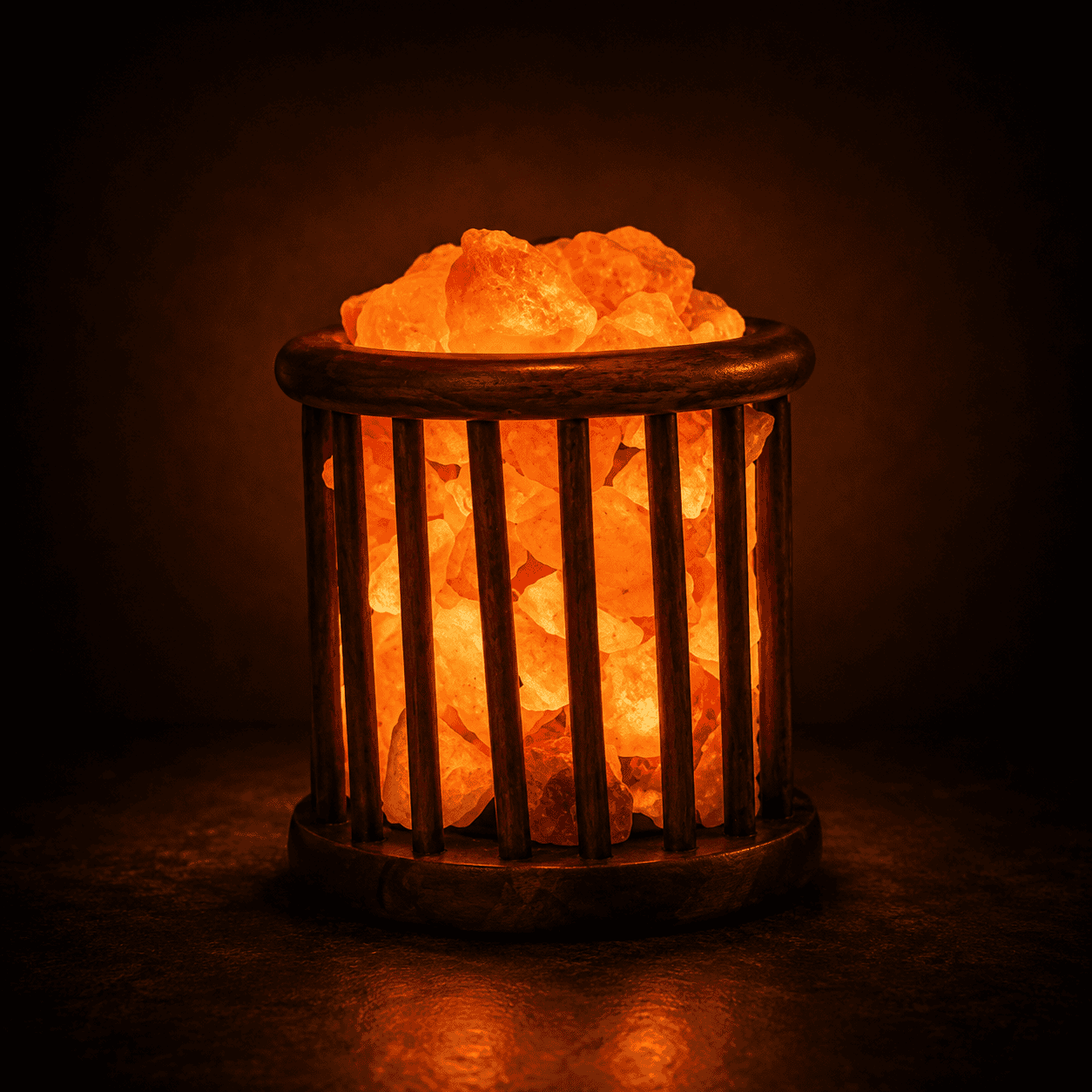 Cage Wood Basket Himalayan Salt Lamp – studio photo lit against a dark background
