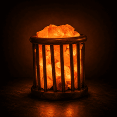 Cage Wood Basket Himalayan Salt Lamp – studio photo lit against a dark background