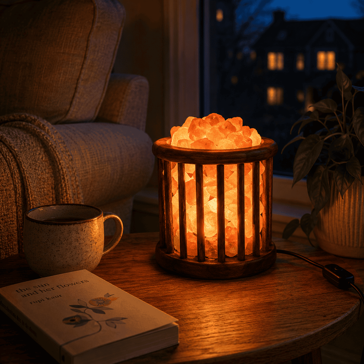 Cage Wood Basket Himalayan Salt Lamp – styled in a home lifestyle setting, lit at evening