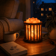 Cage Wood Basket Himalayan Salt Lamp – styled in a home lifestyle setting, lit at evening
