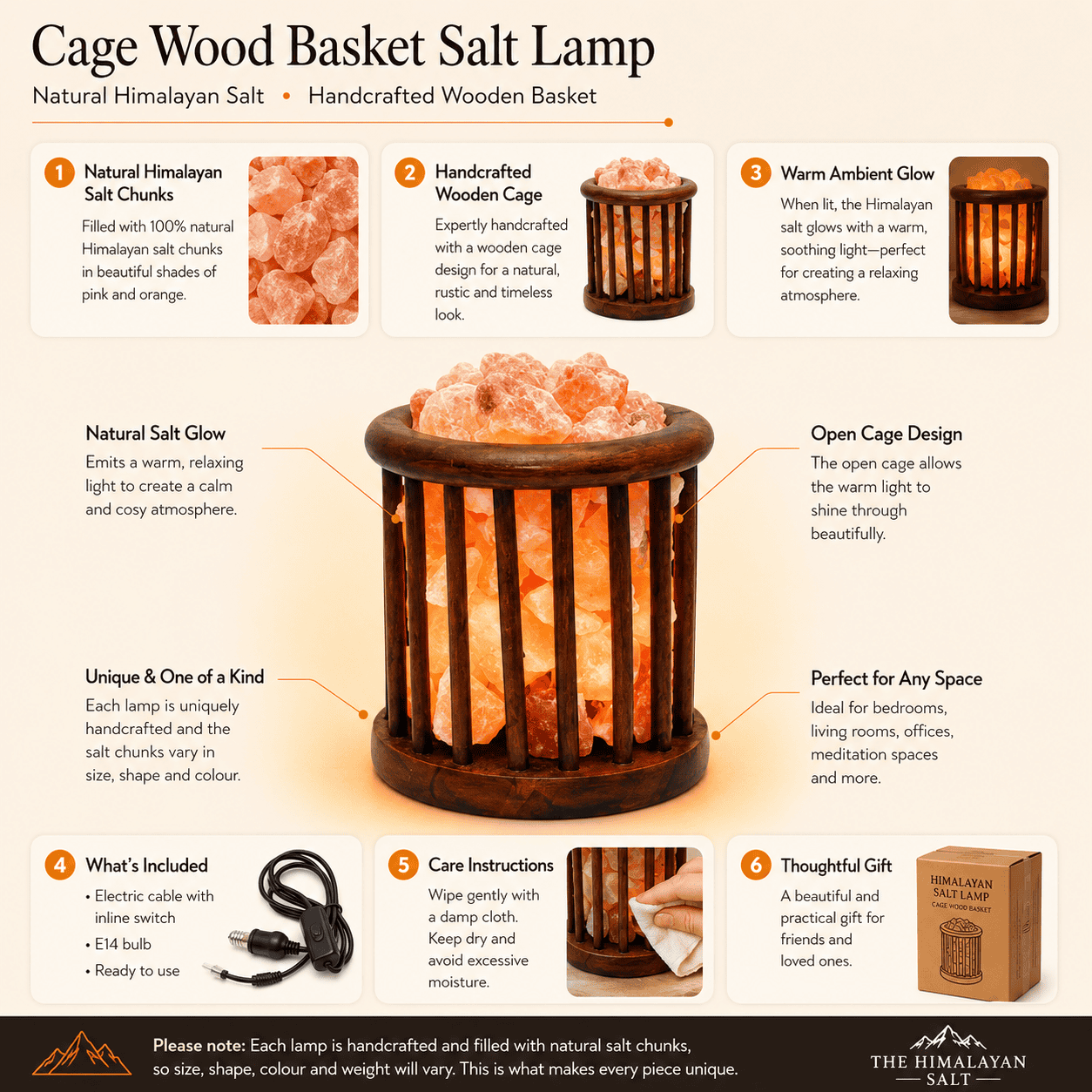 Cage Wood Basket Himalayan Salt Lamp – infographic highlighting the product's key features