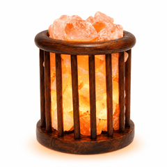Cage Wood Basket Himalayan Salt Lamp – studio product photo on a plain white background