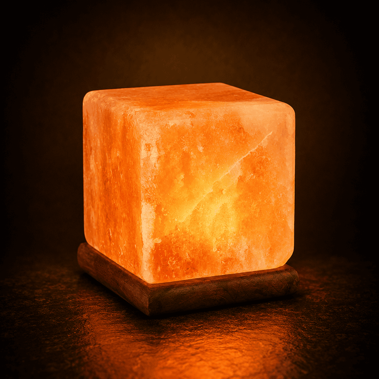Cube Himalayan Salt Lamp (USB Multi-Colour) – studio photo lit against a dark background