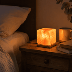 Cube Himalayan Salt Lamp (USB Multi-Colour) – styled in a home lifestyle setting, lit at evening