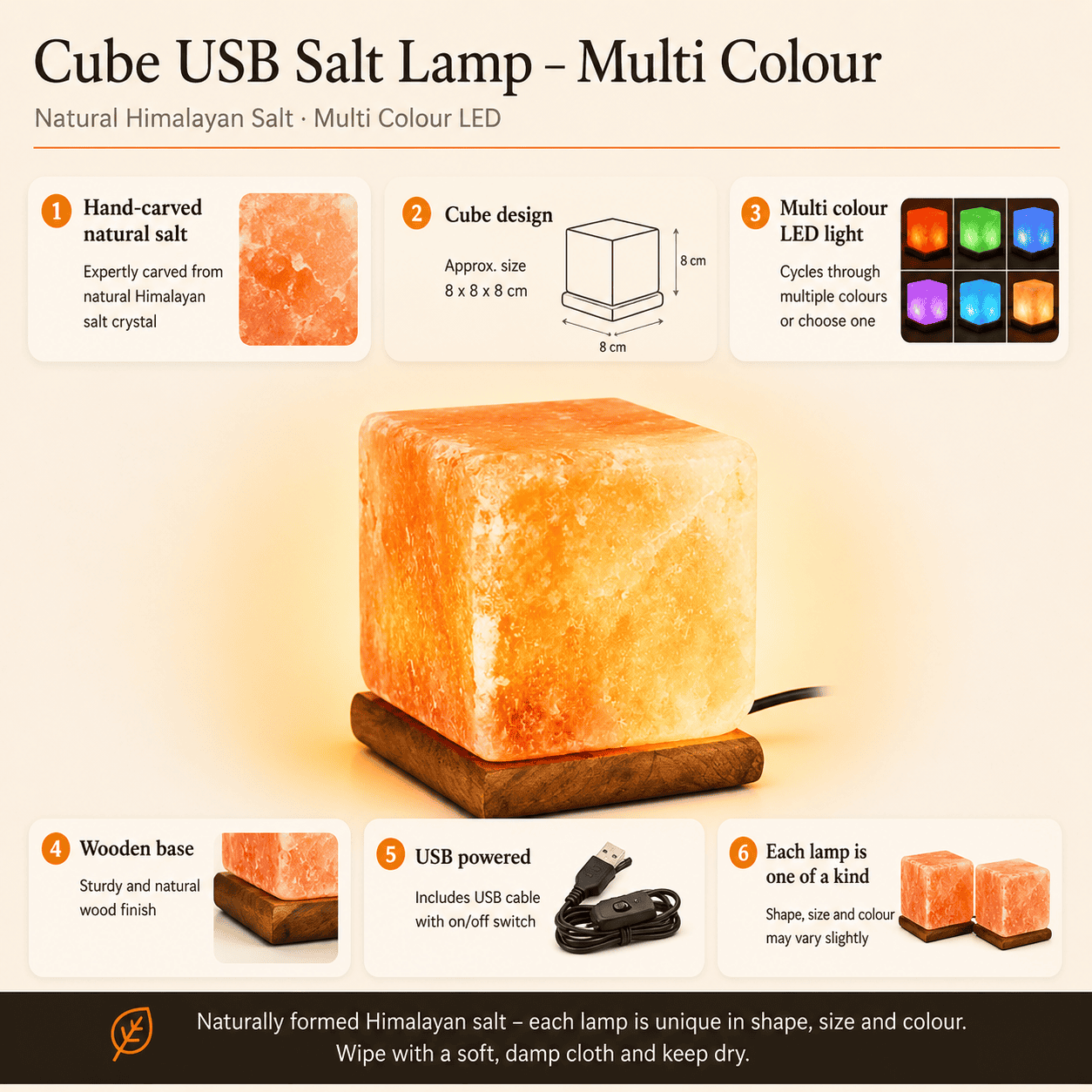 Cube Himalayan Salt Lamp (USB Multi-Colour) – infographic highlighting the product's key features