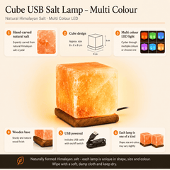 Cube Himalayan Salt Lamp (USB Multi-Colour) – infographic highlighting the product's key features