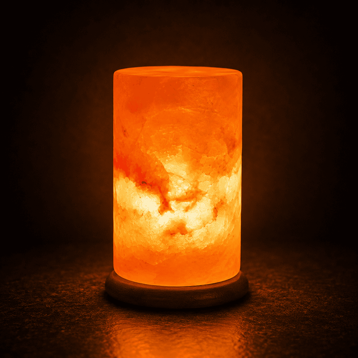 Cylinder Himalayan Salt Lamp (USB Multi-Colour) – studio photo lit against a dark background