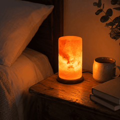 Cylinder Himalayan Salt Lamp (USB Multi-Colour) – styled in a home lifestyle setting, lit at evening