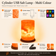 Cylinder Himalayan Salt Lamp (USB Multi-Colour) – infographic highlighting the product's key features