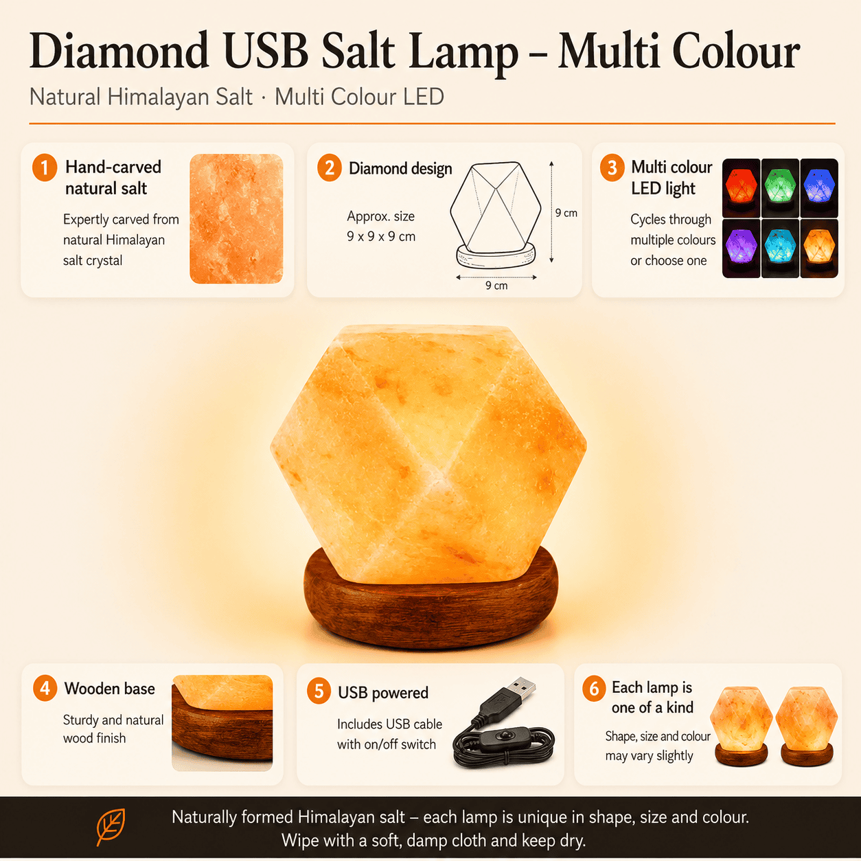 Diamond Himalayan Salt Lamp (USB Multi-Colour) – infographic highlighting the product's key features