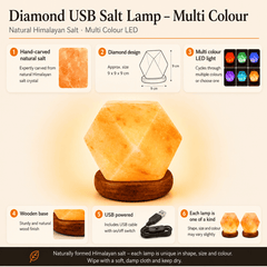 Diamond Himalayan Salt Lamp (USB Multi-Colour) – infographic highlighting the product's key features