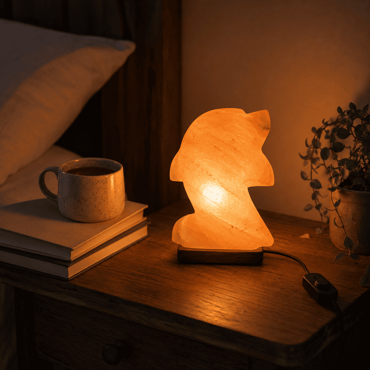 Dolphin Shape Himalayan Salt Lamp – styled in a home lifestyle setting, lit at evening