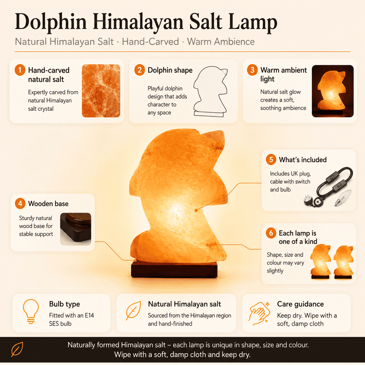 Dolphin Shape Himalayan Salt Lamp – infographic highlighting the product's key features