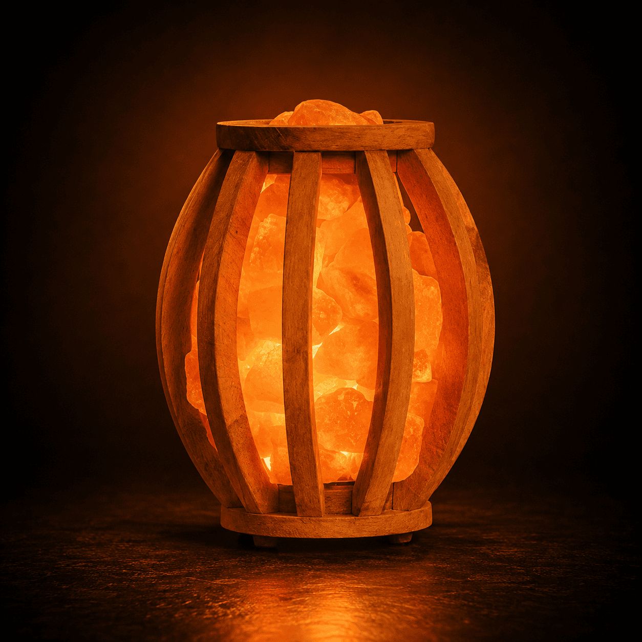 Drum Wood Basket Himalayan Salt Lamp – studio photo lit against a dark background