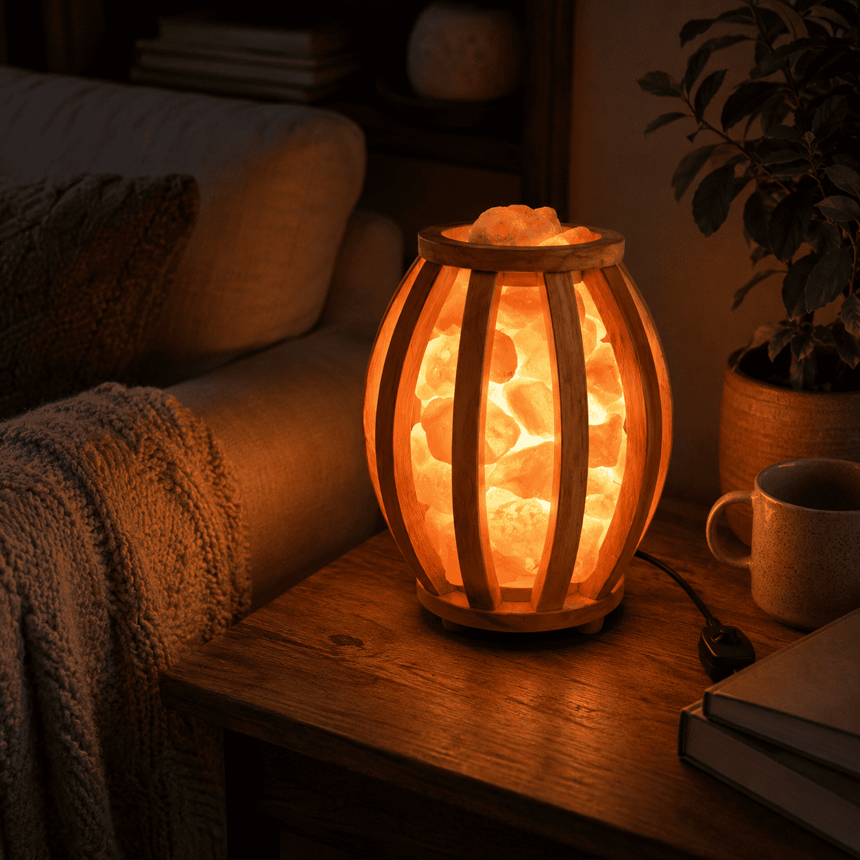 Drum Wood Basket Himalayan Salt Lamp – styled in a home lifestyle setting, lit at evening