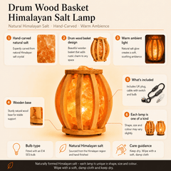 Drum Wood Basket Himalayan Salt Lamp – infographic highlighting the product's key features