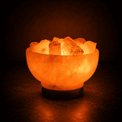 Fire Bowl Himalayan Salt Lamp with Chunks – studio photo lit against a dark background