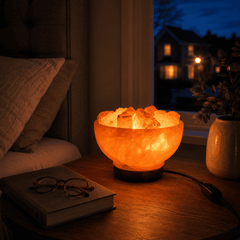 Fire Bowl Himalayan Salt Lamp with Chunks – styled in a home lifestyle setting, lit at evening