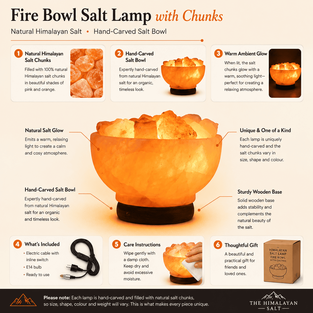 Fire Bowl Himalayan Salt Lamp with Chunks – infographic highlighting the product's key features