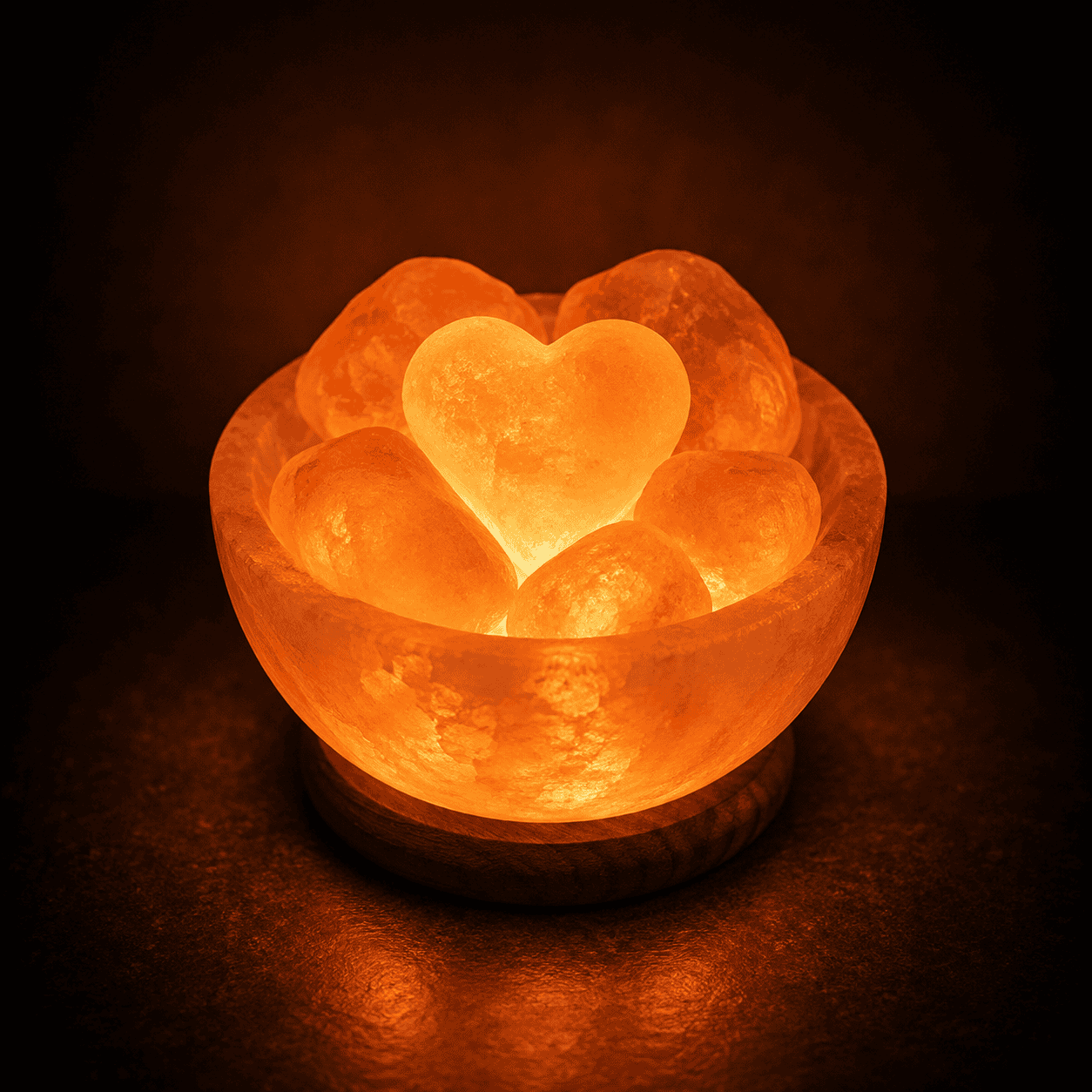 Fire Bowl Himalayan Salt Lamp with 6 Heart Stones – studio photo lit against a dark background