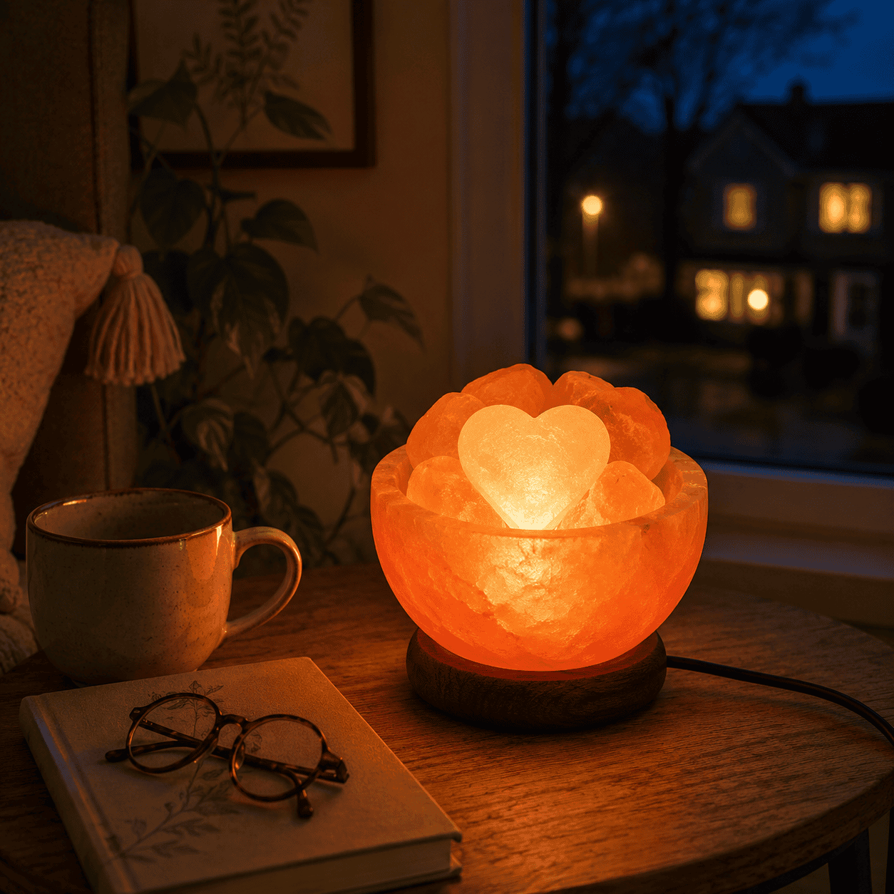 Fire Bowl Himalayan Salt Lamp with 6 Heart Stones – styled in a home lifestyle setting, lit at evening