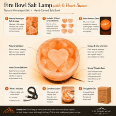 Fire Bowl Himalayan Salt Lamp with 6 Heart Stones – infographic highlighting the product's key features