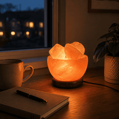 Fire Bowl Himalayan Salt Lamp (USB Multi-Colour) – styled in a home lifestyle setting, lit at evening